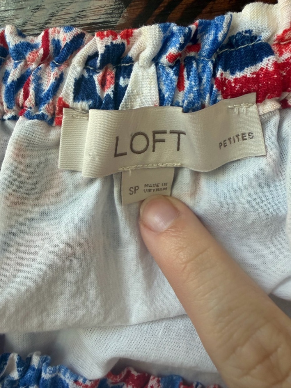 LOFT Off-the-Shoulder Ruffle Printed Cotton Blend Dress in Blue & Red - Picture 7 of 7